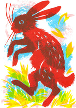 Load image into Gallery viewer, A screenprint of a red rabbit with raised front legs, surrounded by yellow and green floral elements, on a white background.