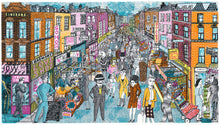 Load image into Gallery viewer, A colorful illustration of a busy street scene in Soho, London, featuring various people, buildings and marketstalls.