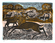 Load image into Gallery viewer, Original screen print by Angela Harding featuring red deer in a landscape with trees.