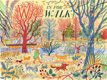 Load image into Gallery viewer, A colorful illustration of a autumnal scene with trees, a river with boat, and a people  walking their dogs.