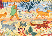 Load image into Gallery viewer, a man walks his dogs along the river bank