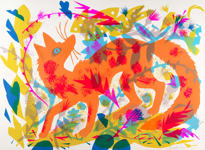 Mark Hearld's colorful abstract illustration of a fox with floral elements on a white background
