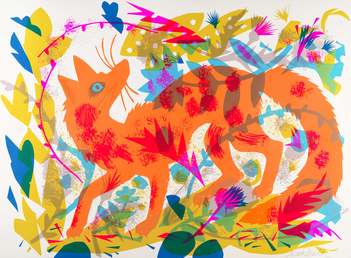 Mark Hearld's colorful abstract illustration of a fox with floral elements on a white background