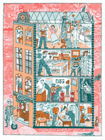 An illustration of a fictional Penfold Press, one with an army of staff all going about their business. 