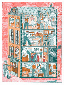 An illustration of a fictional Penfold Press, one with an army of staff all going about their business. 
