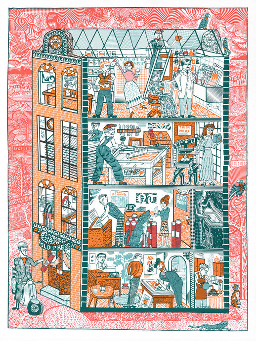 An illustration of a fictional Penfold Press, one with an army of staff all going about their business. 