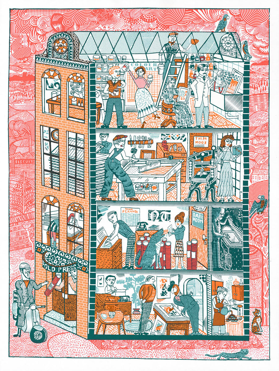 An illustration of a fictional Penfold Press, one with an army of staff all going about their business. 