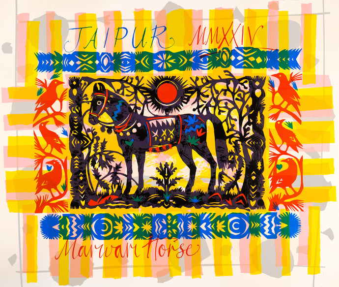 Mark Hearld 'Marwari Horse' hand-pulled screen print showing Marwari Horse on a patterned background. The image is made in Mark's cut paper style. 