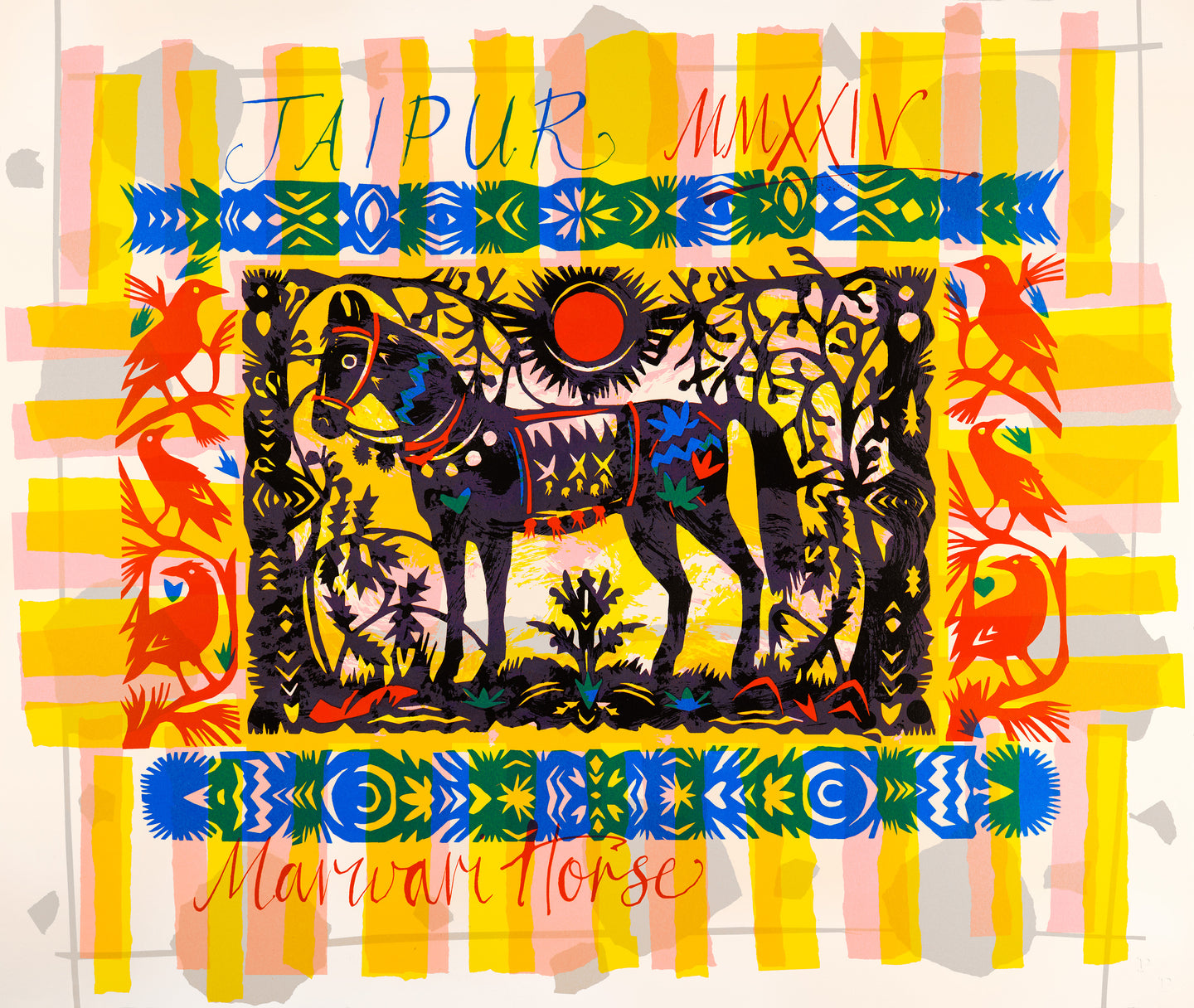 Mark Hearld 'Marwari Horse' hand-pulled screen print showing Marwari Horse on a patterned background. The image is made in Mark's cut paper style. 