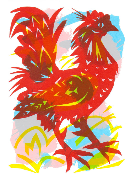 A vibrant screenprint of a red and orange cockerel with stylized feathers, printed on a multicolored background.