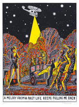 Load image into Gallery viewer, It&#39;s the early 90&#39;s and a bunch of ravers dance in a field while a helecopter hovers overhead. John Broadley&#39;s hand drawn screenprint catures the scene. 
