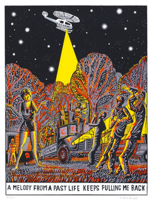 It's the early 90's and a bunch of ravers dance in a field while a helecopter hovers overhead. John Broadley's hand drawn screenprint catures the scene. 