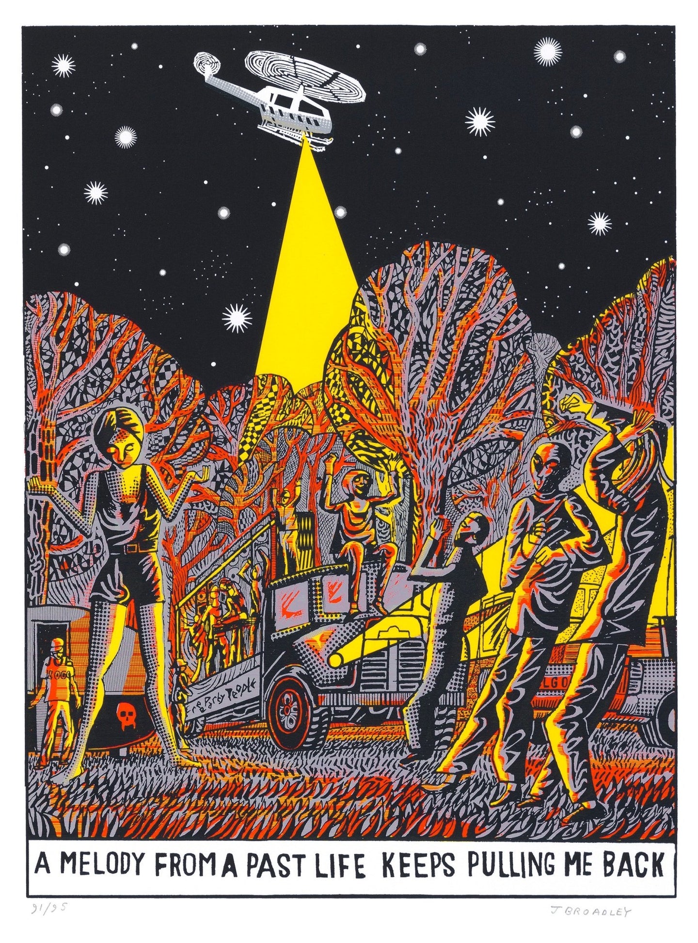 It's the early 90's and a bunch of ravers dance in a field while a helecopter hovers overhead. John Broadley's hand drawn screenprint catures the scene. 