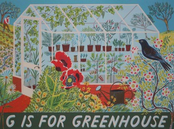 G is for Greenhouse - by Emily Sutton. Published by Penfold Press. An original screen print depicting a greenhouse situated in a garden. Plants can be seen growing, whilst a man digs his allotment