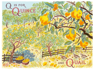 Q is for Quince and Quail, a screen print by Emily Sutton