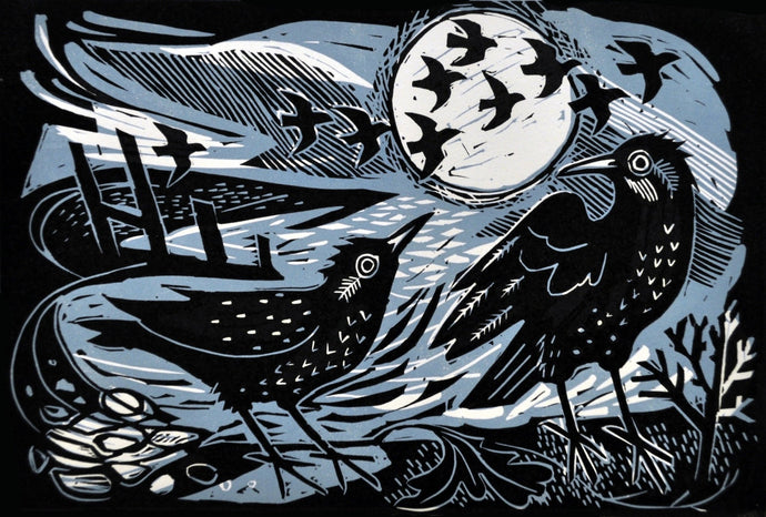 Starlings on the Shore, an original linocut by Mark Hearld