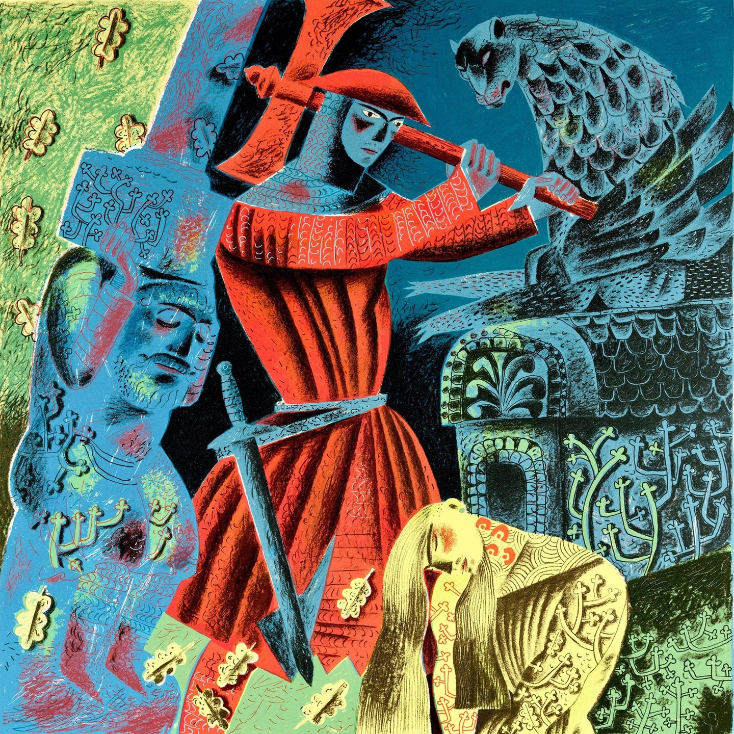 The Green Knight Bows to Gawain's Blow, an original screen print by Clive Hicks-Jenkins and the Penfold Press 