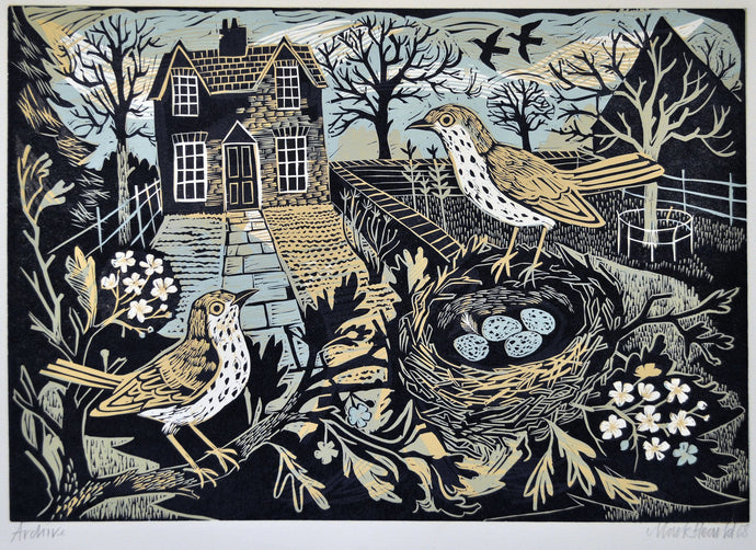 Thrushes Nest, an original linocut by Mark Hearld and the Penfold Press